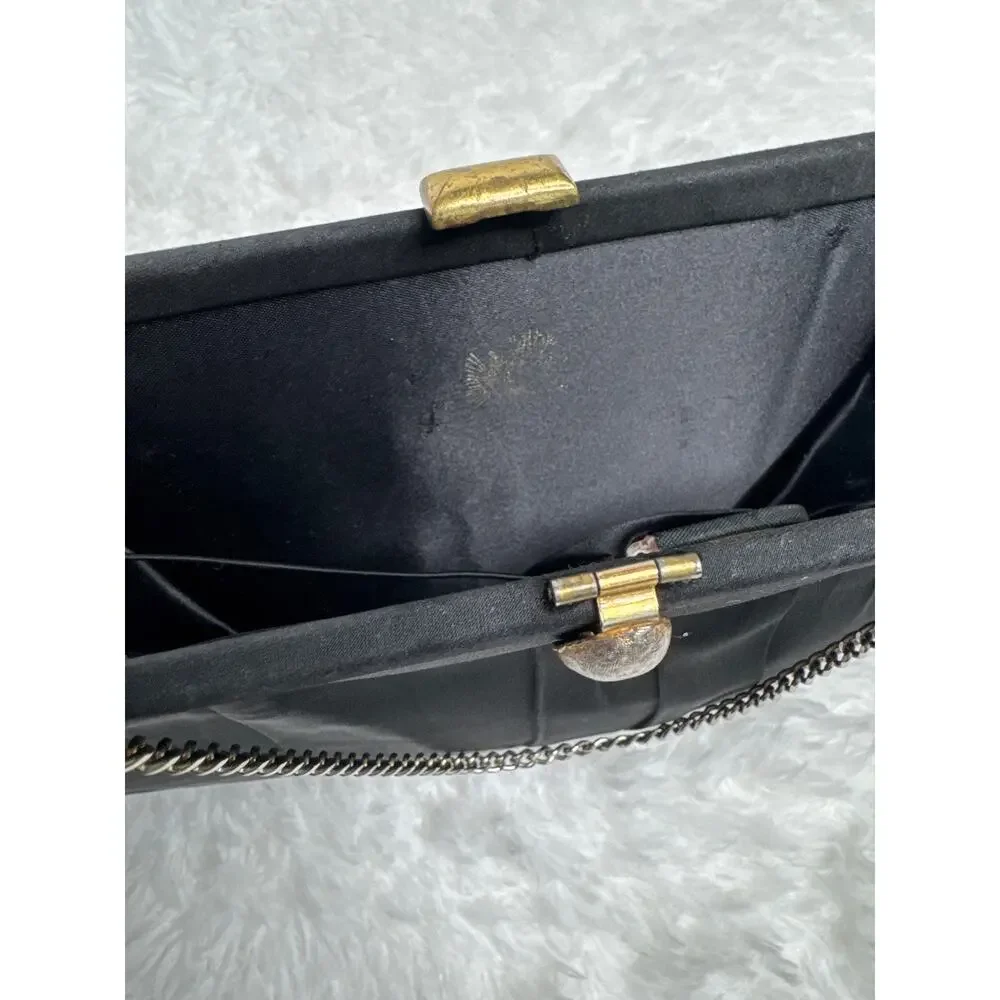 1950s After Five Black Satin Evening Clutch Rhinestone Clasp Coin Purse USA